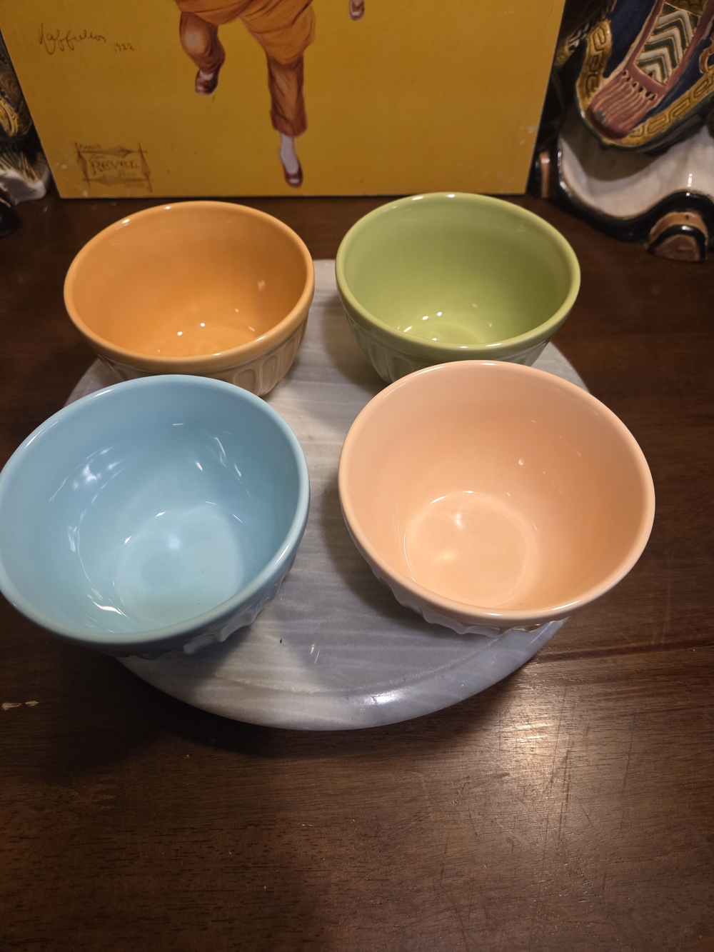 2006 Starbucks Pastel Ceramic Bowls - Blue, Peach, Orange, Green Set Of 4